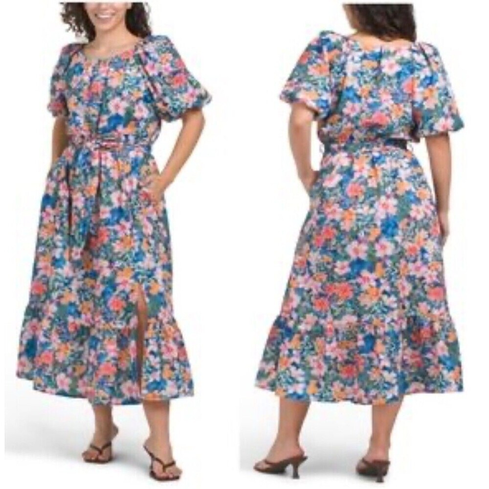 Mello Day Womens Floral Puff Sleeve Pockets Lined Maxi Dress Size Large 1374E2